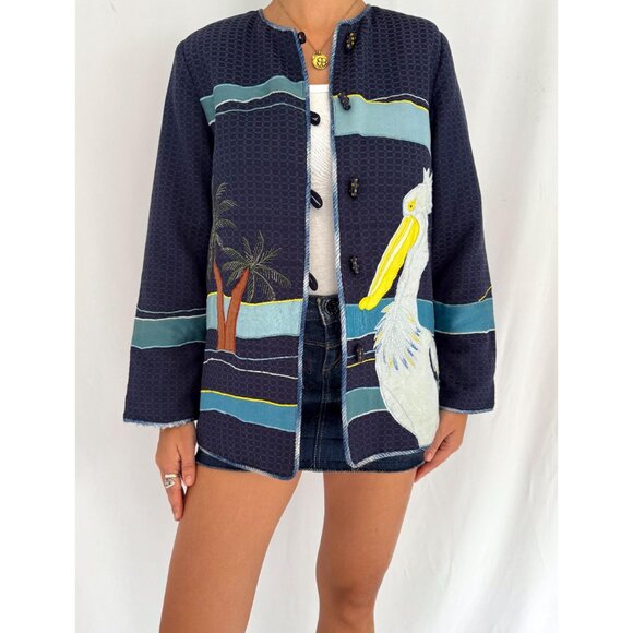 90s vintage blue novelty tropical bird vacation embroidered patchwork jacket - Picture 3 of 10